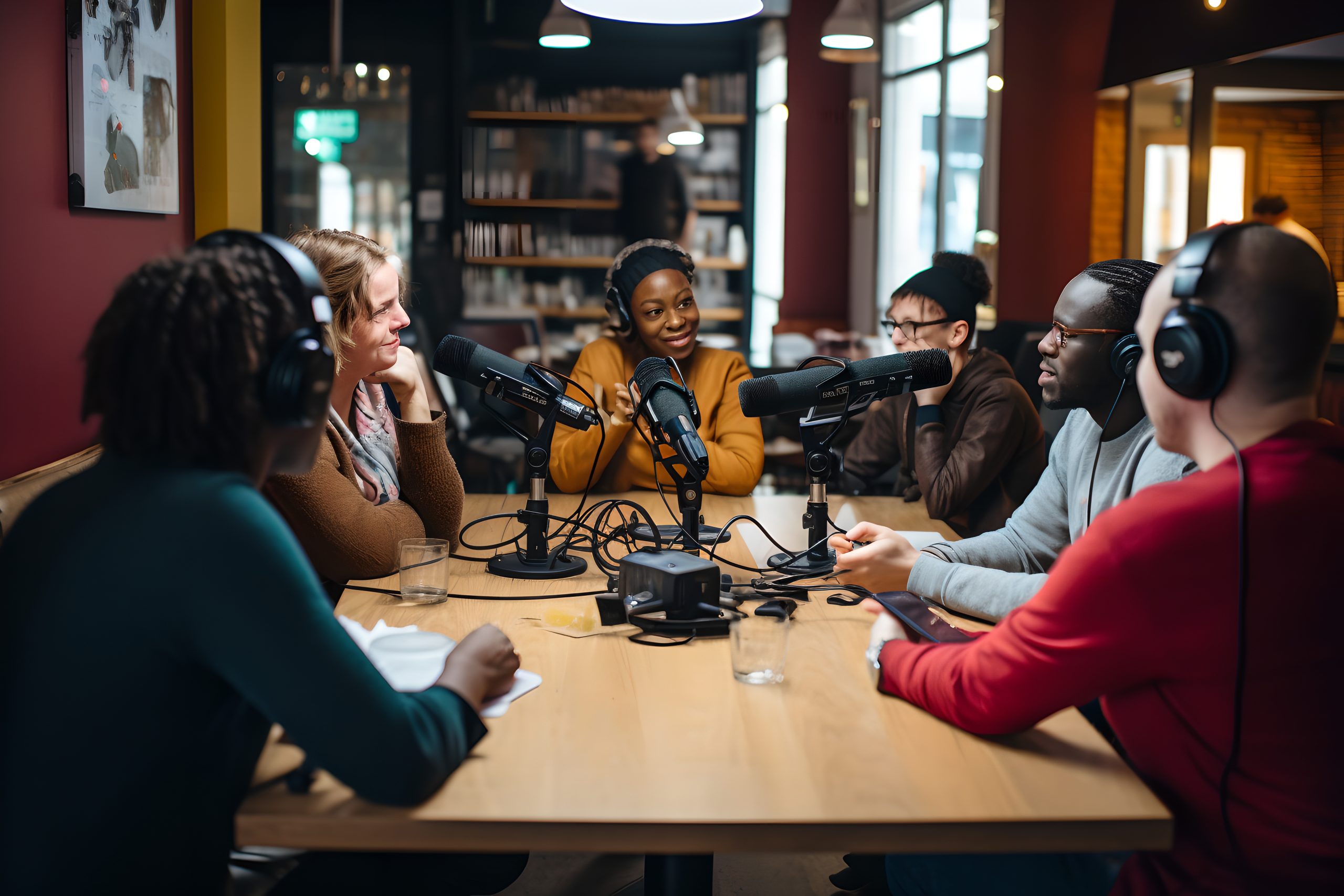Young adults record a podcast in a cafe