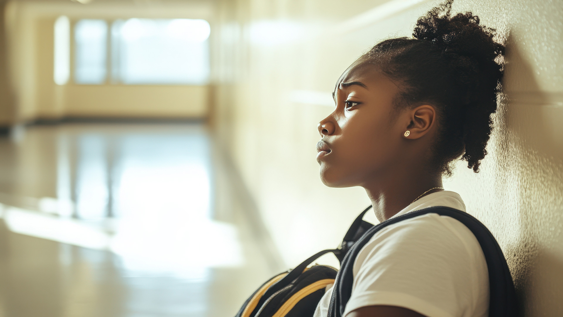 A schoolgirl sits on the floor in the hallway looing stressed