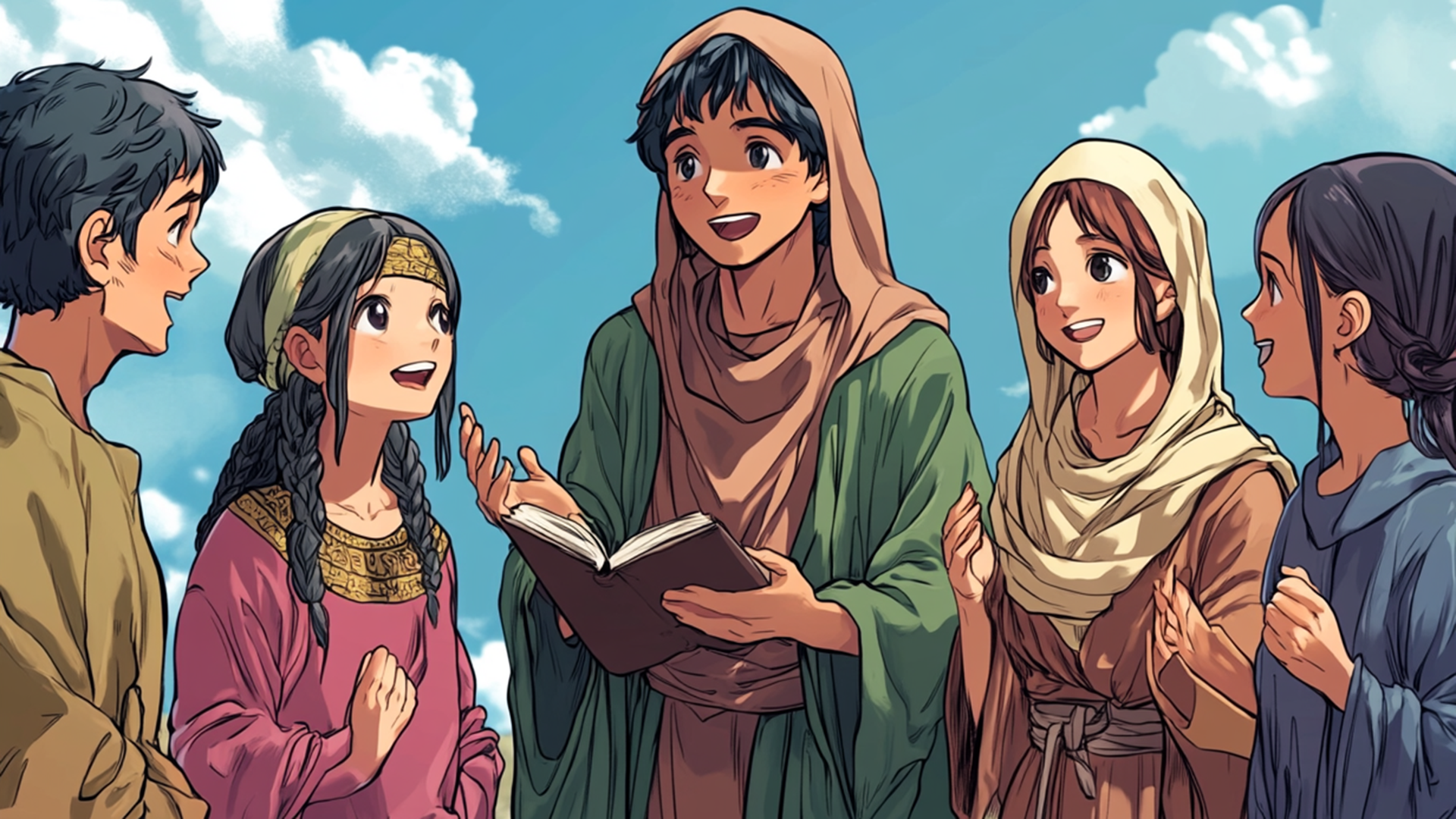 A young boy dressed in Middle-Eastern attire shares his faith with a group of youngsters some showing symbols from other faiths